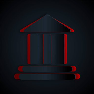Kağıt kesiği banka binası simgesi siyah arka planda izole edildi. Kağıt sanatı tarzı. Vektör İllüstrasyonu
