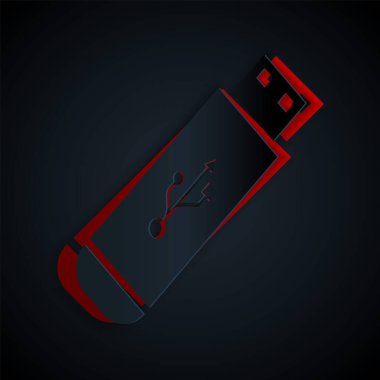 Kağıt kesikli USB flash disk simgesi siyah arkaplanda izole edildi. Kağıt sanatı tarzı. Vektör İllüstrasyonu
