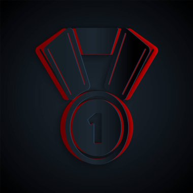 Kağıt kesiği Madalya simgesi siyah arkaplanda izole edildi. Kazanan sembol. Kağıt sanatı tarzı. Vektör İllüstrasyonu