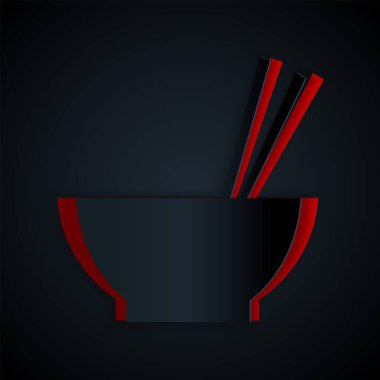 Kağıt kesiği kasesinde Asya yemeği ve siyah arka planda izole edilmiş bir çift yemek çubuğu silueti simgesi var. Hazırlık kavramı, doğu diyeti. Kağıt sanatı tarzı. Vektör İllüstrasyonu