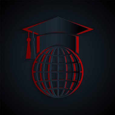Kağıt kesiği, siyah arkaplanda izole edilmiş dünya ikonunun mezuniyet kapağı. Dünya eğitim sembolü. Çevrimiçi öğrenme ya da e-öğrenme kavramı. Kağıt sanatı tarzı. Vektör İllüstrasyonu