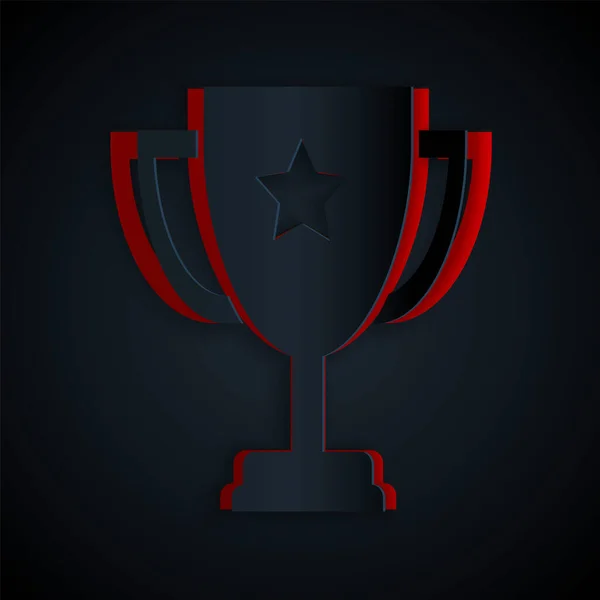 Papier gesneden Trophy cup pictogram geïsoleerd op zwarte achtergrond. Prijssymbool. Kampioenschappen icoon. Papierkunst stijl. Vector Illustratie — Stockvector
