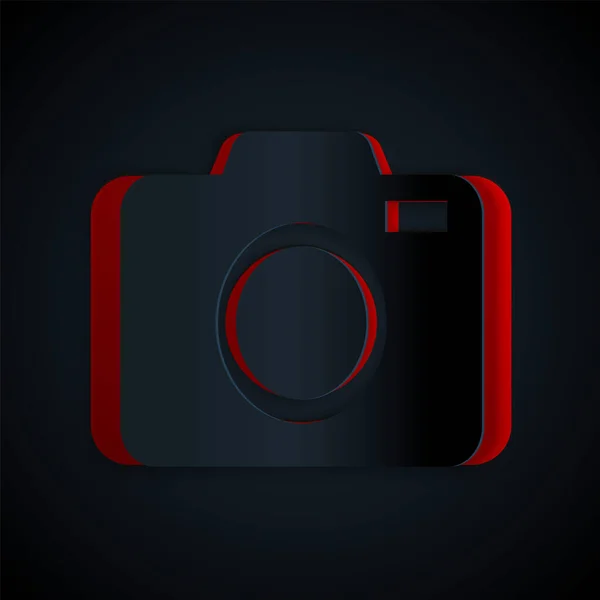 Papiergeschnittene Fotokamera Ikone isoliert auf schwarzem Hintergrund. Ikone der Fotokamera. Papierkunst. Vektorillustration — Stockvektor