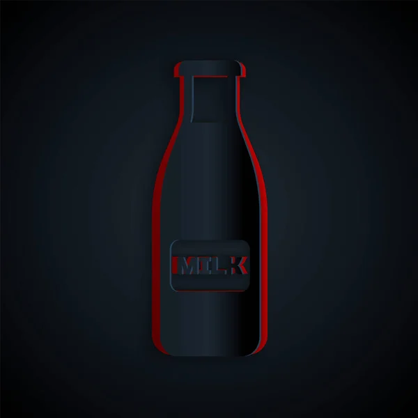 Papel cortado Botella de vidrio cerrada con el icono de la leche y la tapa aislada sobre fondo negro. Estilo de arte de papel. Ilustración vectorial — Vector de stock