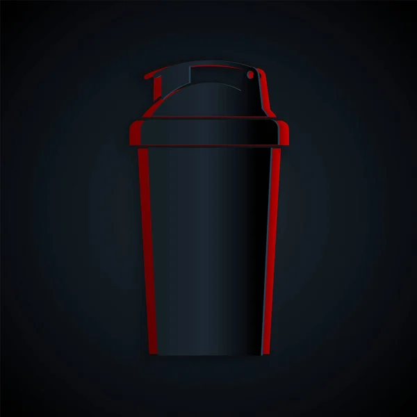 Papírvágás Fitness shaker ikon elszigetelt fekete háttérrel. Sport shaker palack fedéllel víz és fehérje koktélok. Papírművészeti stílus. Vektorillusztráció — Stock Vector
