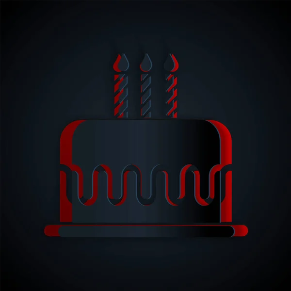 Bolo de papel cortado com velas em chamas ícone isolado no fundo preto. Feliz Aniversário. Estilo de arte de papel. Ilustração vetorial — Vetor de Stock