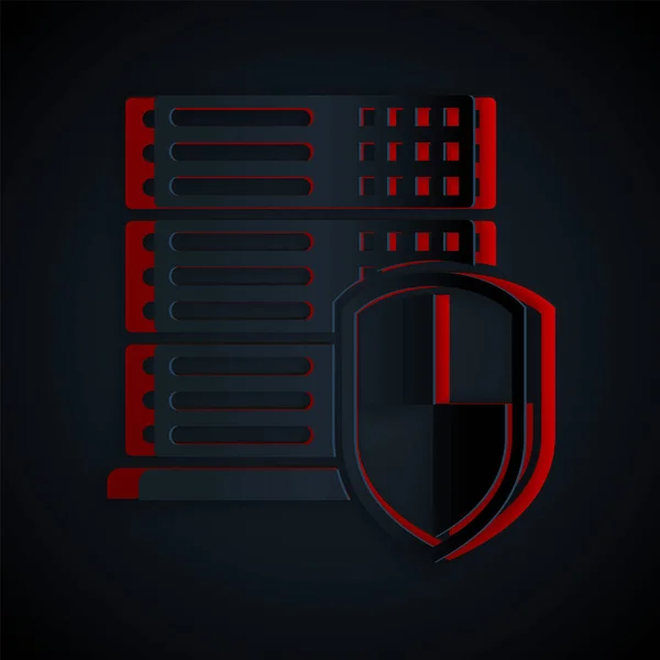 Servidor de corte de papel con icono de escudo aislado sobre fondo negro. Protección contra ataques. Firewall de red, router, switch o servidor, datos. Estilo de arte de papel. Ilustración vectorial — Vector de stock