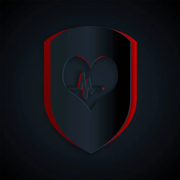 Escudo de corte de papel e ícone de frequência cardíaca isolado em fundo preto. Conceito de protecção da saúde. Saúde. Estilo de arte de papel. Ilustração vetorial — Vetor de Stock