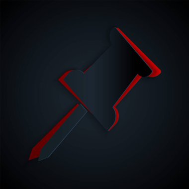 Kağıt kesiği. Siyah arkaplanda pim simgesi var. Raptiye işareti. Kağıt sanatı tarzı. Vektör İllüstrasyonu