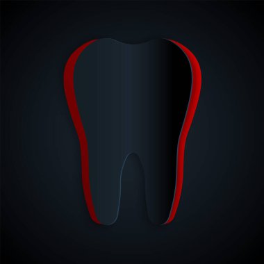 Kağıt kesiği Diş simgesi siyah arkaplanda izole edildi. Diş hekimliği kliniği veya diş hekimliği merkezi ve diş macunu paketi için diş sembolü. Kağıt sanatı tarzı. Vektör İllüstrasyonu