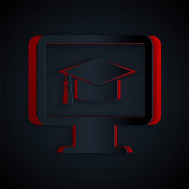 Mezuniyet kapağı simgesi siyah arkaplanda izole edilmiş kağıt kesimi bilgisayar monitörü. Çevrimiçi öğrenme ya da e-öğrenme kavramı. İnternet bilgi sembolü. Kağıt sanatı tarzı. Vektör İllüstrasyonu