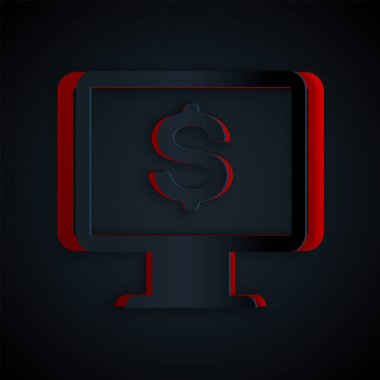 Kağıt kesikli bilgisayar monitörü ve siyah arkaplanda dolar simgesi var. İnternet finansal güvenlik konsepti, çevrimiçi finans koruması. Kağıt sanatı tarzı. Vektör İllüstrasyonu