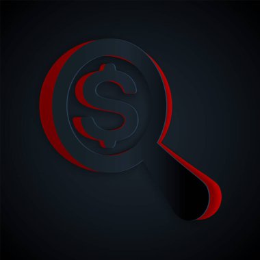 Kağıt kesiği büyüteç ve dolar simgesi siyah arka planda izole edilmiş. Para bul. Para arıyorum. Kağıt sanatı tarzı. Vektör İllüstrasyonu
