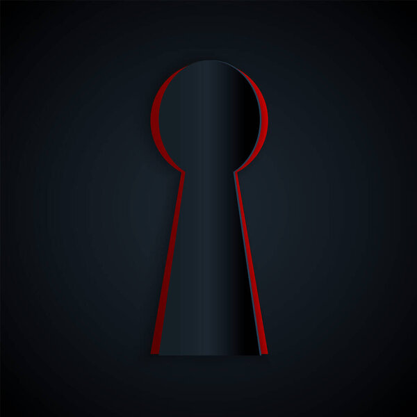 Иконка замочной скважины вырезана на черном фоне. Ключ к успеху. Ключ выражает понятие загадки, тайны, безопасности, защищенности. Бумажный стиль. Векторная миграция
