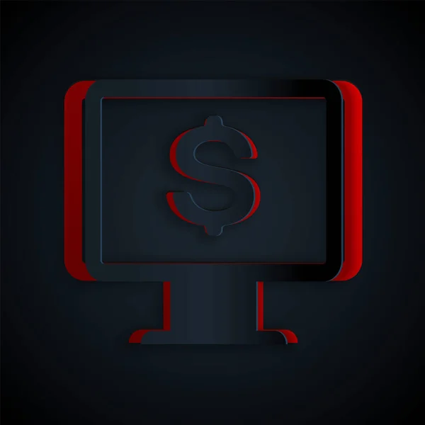 Pappersklipp Datorskärm med dollar ikon isolerad på svart bakgrund. Koncept för ekonomisk säkerhet på Internet, skydd av online-finansiering. Papperskonst. Vektor Illustration — Stock vektor