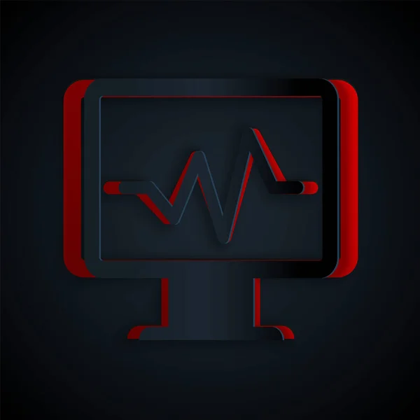 Papírový střih Počítačový monitor s ikonou kardiogramu izolovanou na černém pozadí. Ikona sledování. Ecg monitor s nataženou rukou tlukoucí srdce. Papírový styl. Vektorová ilustrace — Stockový vektor