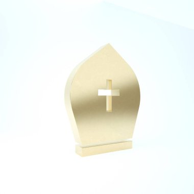 Altın Papa şapka simgesi beyaz arkaplanda izole edildi. Hristiyan şapkası işareti. 3d illüstrasyon 3B canlandırma