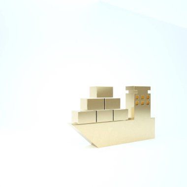 Altın Kargo gemisi simgesi beyaz arkaplanda izole edildi. 3d illüstrasyon 3d canlandırma