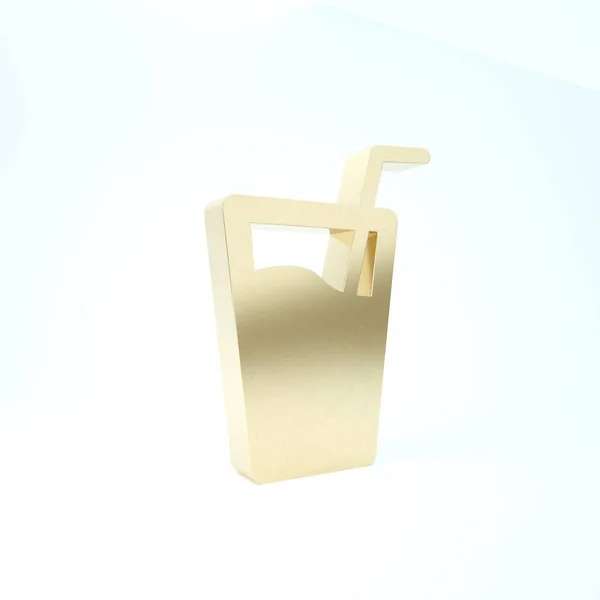 Gold Glas mit Wasser und Rohr zum Trinken Symbol isoliert auf weißem Hintergrund. Sodaglas vorhanden. 3D Illustration 3D Renderer — Stockfoto