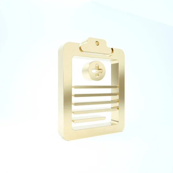 Gold Medical clipboard with clinical record icon isolated on white background. Health insurance form. Prescription, medical check marks report. 3d illustration 3D render — Stock Photo, Image