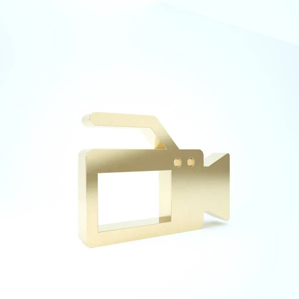 Значок камеры Gold Cinema выделен на белом фоне. Видеокамера. Кинознак. Кинопроектор. 3D-рендеринг — стоковое фото