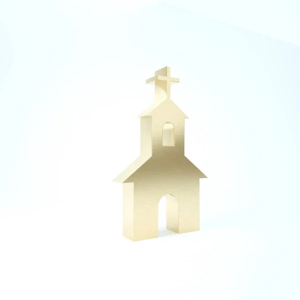 白い背景に隔離された金教会の建物のアイコン。キリスト教会。教会の宗教。3Dイラスト3Dレンダリング — ストック写真