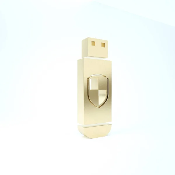 Gold-USB-Stick und Schutzschild-Symbol isoliert auf weißem Hintergrund. 3D Illustration 3D Renderer — Stockfoto