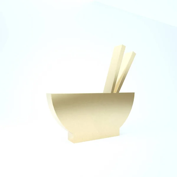 Bol en or avec de la nourriture asiatique et paire de baguettes silhouette icône isolée sur fond blanc. Concept de préparation, régime oriental. Illustration 3D rendu 3D — Photo