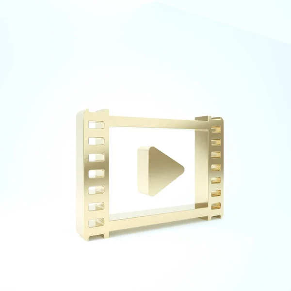 金色播放视频图标隔离在白色背景。带有播放标志的电影胶片。3D渲染3D插图 — 图库照片