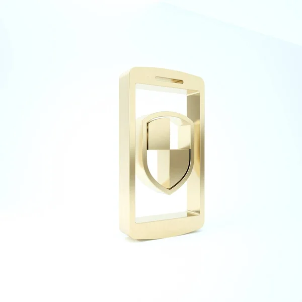 Smartphone Ouro, telefone celular com ícone de escudo de segurança isolado no fundo branco. 3D ilustração 3D render — Fotografia de Stock