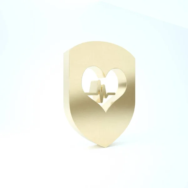 Bouclier doré et icône de fréquence cardiaque isolés sur fond blanc. Concept de protection de la santé. Soins de santé. Illustration 3D rendu 3D — Photo