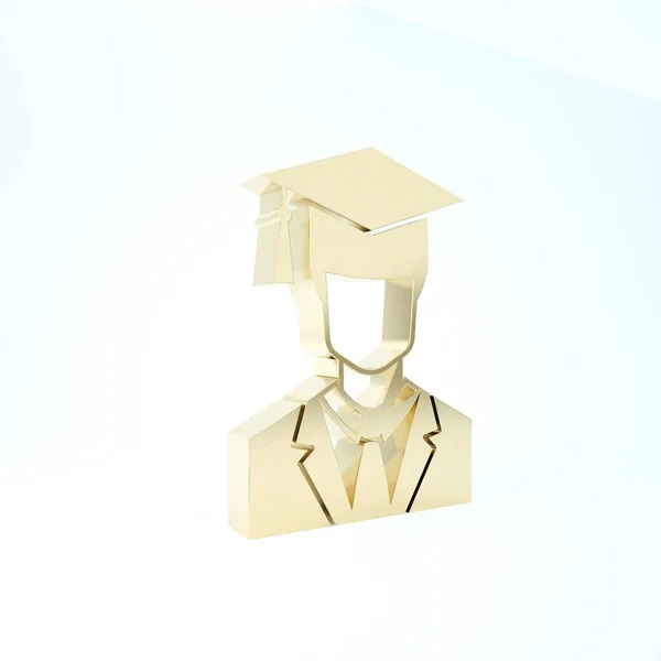 Золотой мужчина аспирант профиль с платьем и значок выпускного колпака изолированы на белом фоне. 3D-рендеринг — стоковое фото