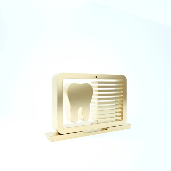Złoty laptop z kartą dentystyczną lub ikoną dokumentacji medycznej pacjenta wyodrębnioną na białym tle. Ubezpieczenie dentystyczne. Raport z kliniki dentystycznej. Ilustracja 3d — Zdjęcie stockowe