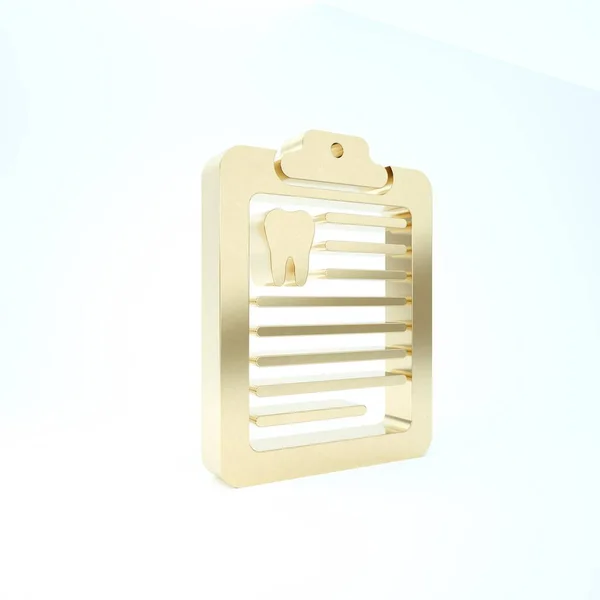 Gold Clipboard z kartą dentystyczną lub ikoną karty pacjenta wyodrębnioną na białym tle. Ubezpieczenie dentystyczne. Raport z kliniki dentystycznej. Ilustracja 3D 3D renderowania — Zdjęcie stockowe