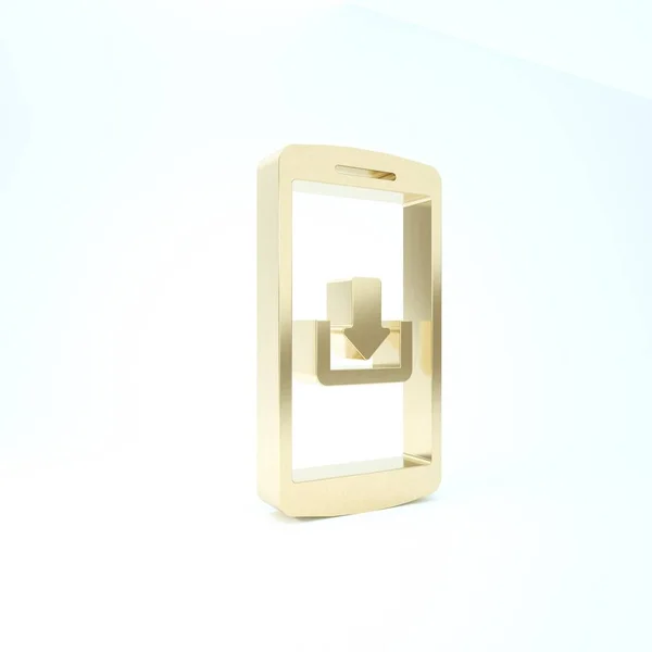Gold Smartphone with download icon isolated on white background. 3d illustration 3D render — Stock Photo, Image