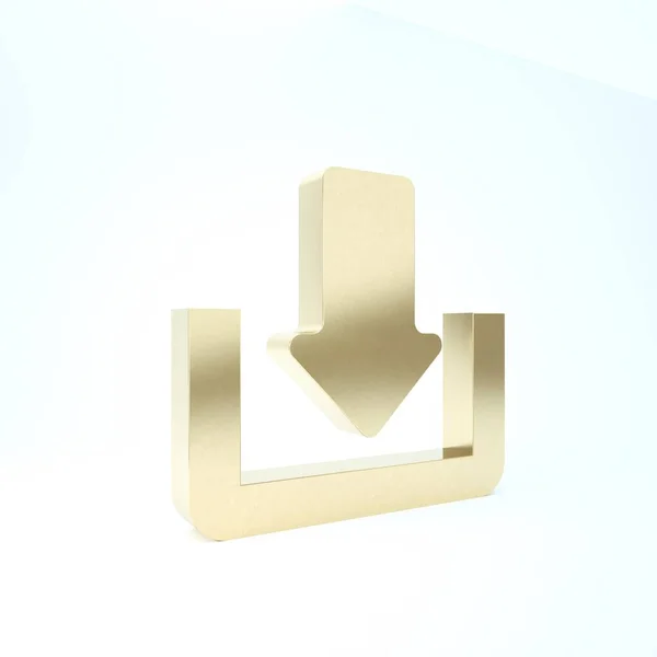 ホワイトの背景に隔離されたゴールドダウンロードアイコン。アップロードボタン。荷記号。矢印ポイントを下に。3Dイラスト3Dレンダリング — ストック写真