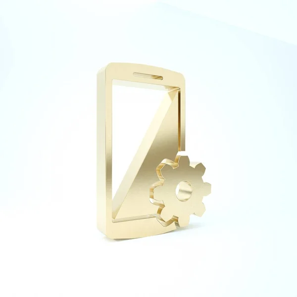 Gold Setting on smartphone icon isolated on white background. Mobile phone and gear. Adjusting, service, setting, maintenance, repair, fixing. 3d illustration 3D render — Stock Photo, Image