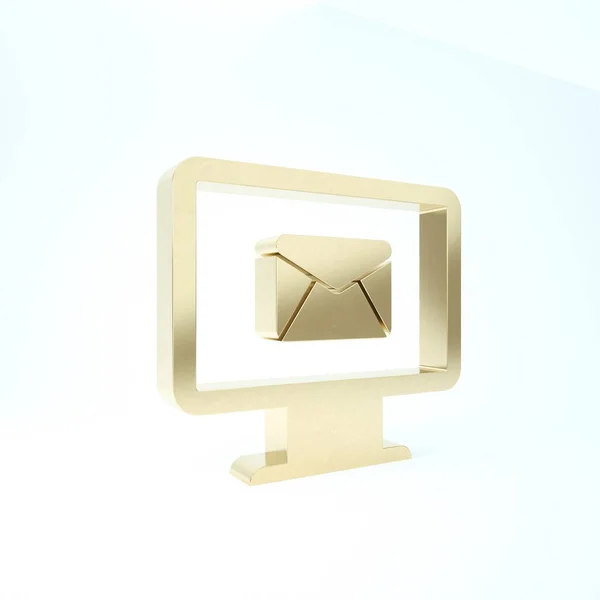 Gouden Monitor en enveloppe, nieuw bericht, post, e-mail pictogram geïsoleerd op witte achtergrond. Gebruik voor e-mail nieuwsbrieven, headers, blogberichten. 3d illustratie 3d renderen — Stockfoto