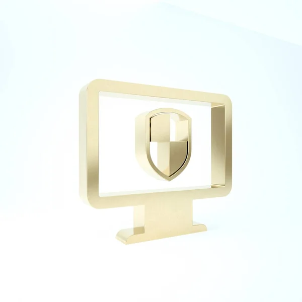 Goldmonitor und Schildsymbol isoliert auf weißem Hintergrund. Computersicherheit, Firewall-Technologie, Sicherheit der Privatsphäre im Internet oder Antivirus. 3D Illustration 3D Renderer — Stockfoto