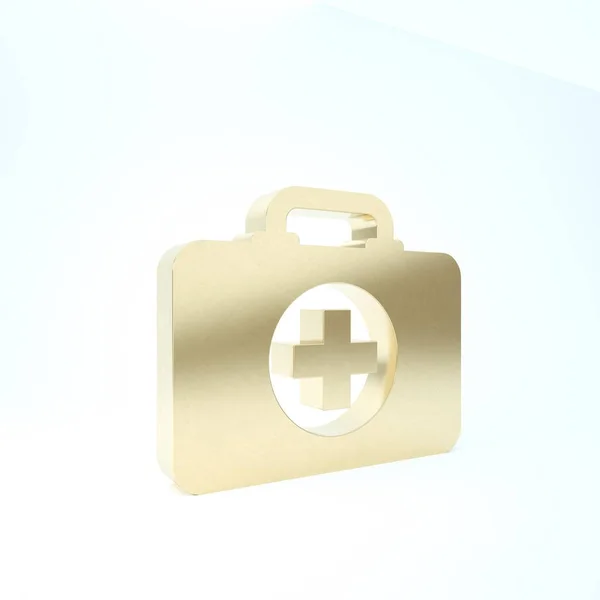 Ícone de kit de primeiros socorros de ouro isolado no fundo branco. Caixa médica com cruz. Equipamento médico de emergência. Conceito de saúde. 3D ilustração 3D render — Fotografia de Stock