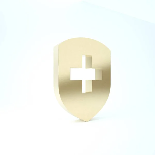 Χρυσή ιατρική ασπίδα με σταυρό εικονίδιο που απομονώνεται σε λευκό φόντο. Προστασία, ασφάλεια, ασφάλεια με κωδικό. 3D απεικόνιση 3d καθιστούν — Φωτογραφία Αρχείου