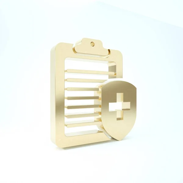 Gold Clipboard with medical insurance icon isolated on white background. Patient protection. Clipboard and shield with a cross. 3d illustration 3D render — Stock Photo, Image