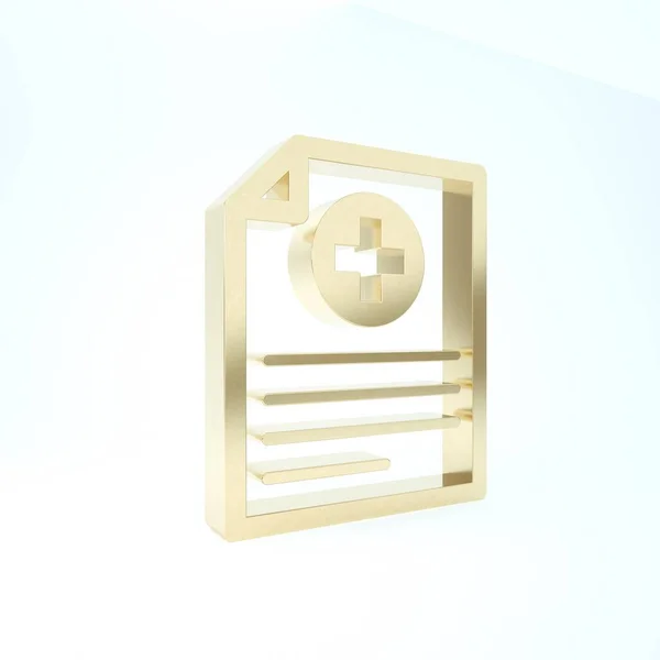 Goud Medisch klembord met klinisch record pictogram geïsoleerd op witte achtergrond. Ziekteverzekeringsformulier. Voorschrift, medisch rapport. 3d illustratie 3d renderen — Stockfoto