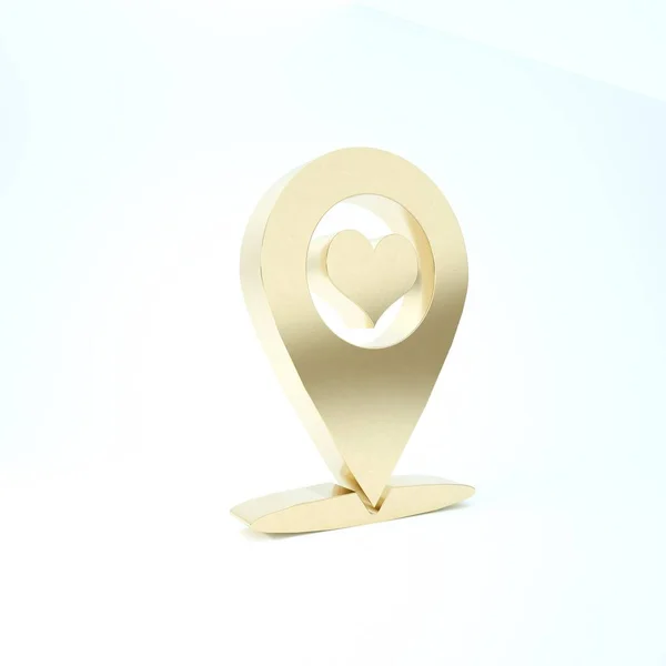 Pointeur Gold Map avec icône de coeur isolé sur fond blanc. Illustration 3D rendu 3D — Photo
