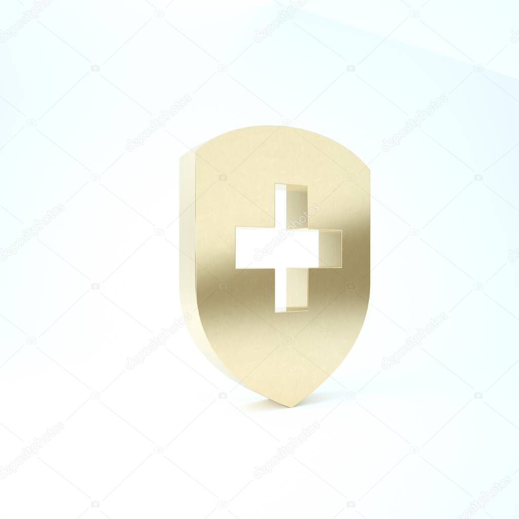 Gold Medical shield with cross icon isolated on white background. Protection, safety, password security. 3d illustration 3D render