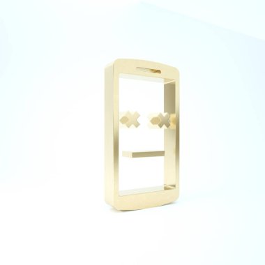 Altın rengi ölü telefon simgesi beyaz arkaplanda izole edildi. Ölen dijital cihaz emojisi sembolü. Ceset akıllı telefonu yüz duygusunu gösteriyor. 3d illüstrasyon 3d canlandırma