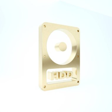Beyaz arkaplanda Altın Disk Sürücüsü simgesi izole edildi. 3d illüstrasyon 3d canlandırma
