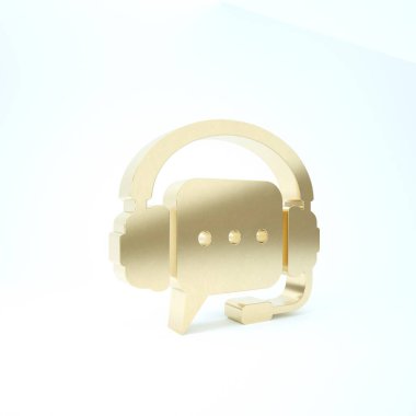 Beyaz arka planda izole edilmiş konuşma balonu ikonlu altın kulaklıklar. Müşteri hizmetleri, yardım hattı, çağrı merkezi, kılavuz, bakım. 3d illüstrasyon 3d canlandırma