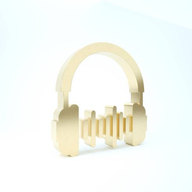 Altın kulaklık ve ses dalgaları simgesi beyaz arkaplanda izole edildi. Müzik, hizmet, iletişim ve operatör için kavramsal nesne. 3d illüstrasyon 3d canlandırma