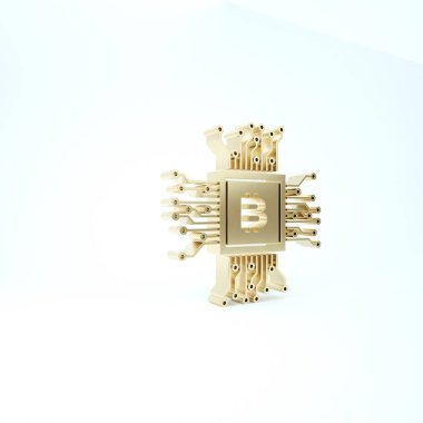 Beyaz arka planda izole edilmiş altın madencilik ikonu. İşlemcinin içinde bitcoin işareti. Kripto para madenciliği topluluğu. Dijital para. 3d illüstrasyon 3d canlandırma